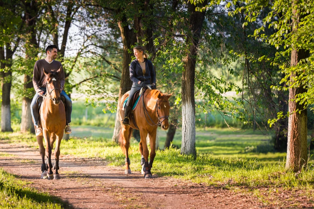 Un jeune couple fait une balade à cheval dans la fôret.