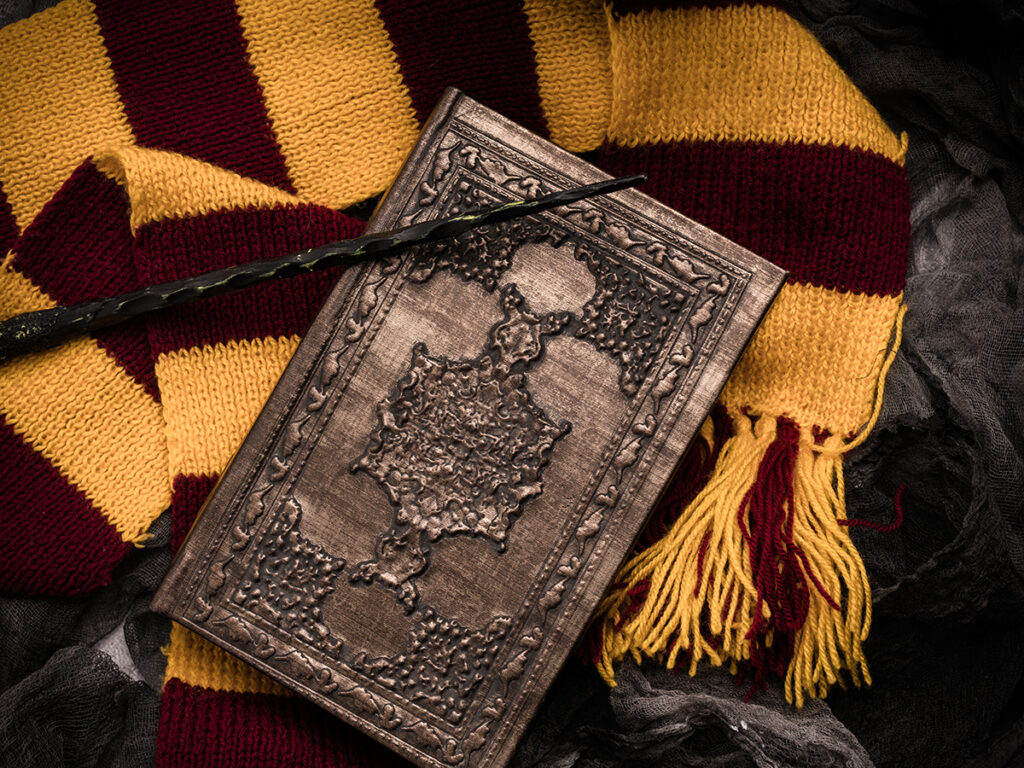 Bufanda, barita y libros mágicos de Harry Potter