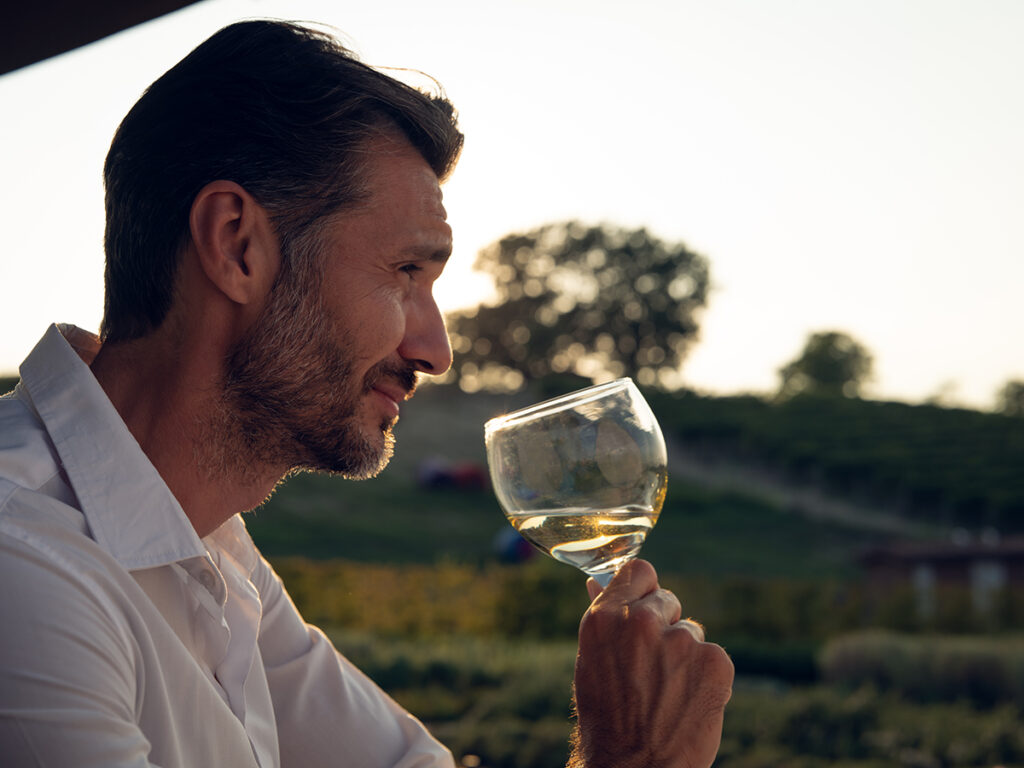 Homme dégustant un verre de vin blanc sur fond de vignes au soleil couchant